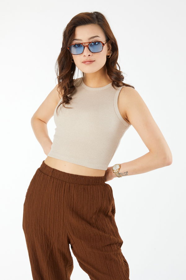 Kısa Kollu Crop Bej - 24438