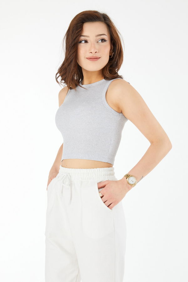 Kısa Kollu Crop Gri - 24438