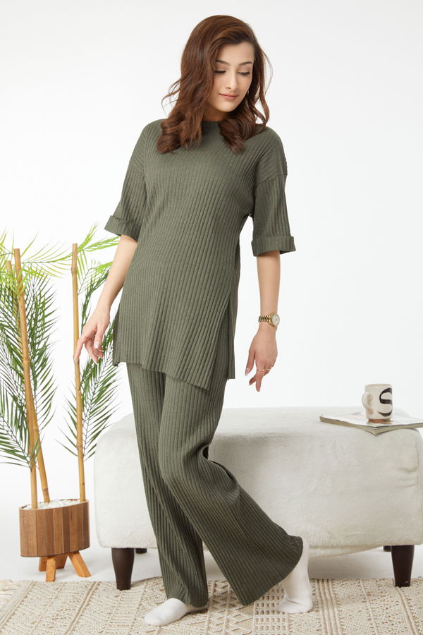 Bislet Yaka Kısa Kollu Pijama Takımı Haki - 24453 HAKİ