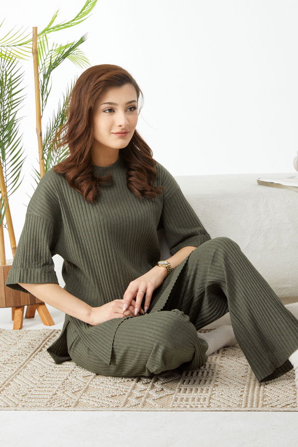 Bislet Yaka Kısa Kollu Pijama Takımı Haki - 24453 HAKİ