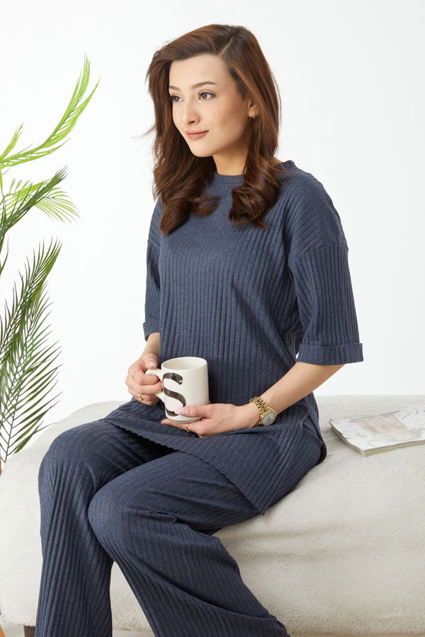 Bislet Yaka Kısa Kollu Pijama Takımı Lacivert - 24453 LACİVERT