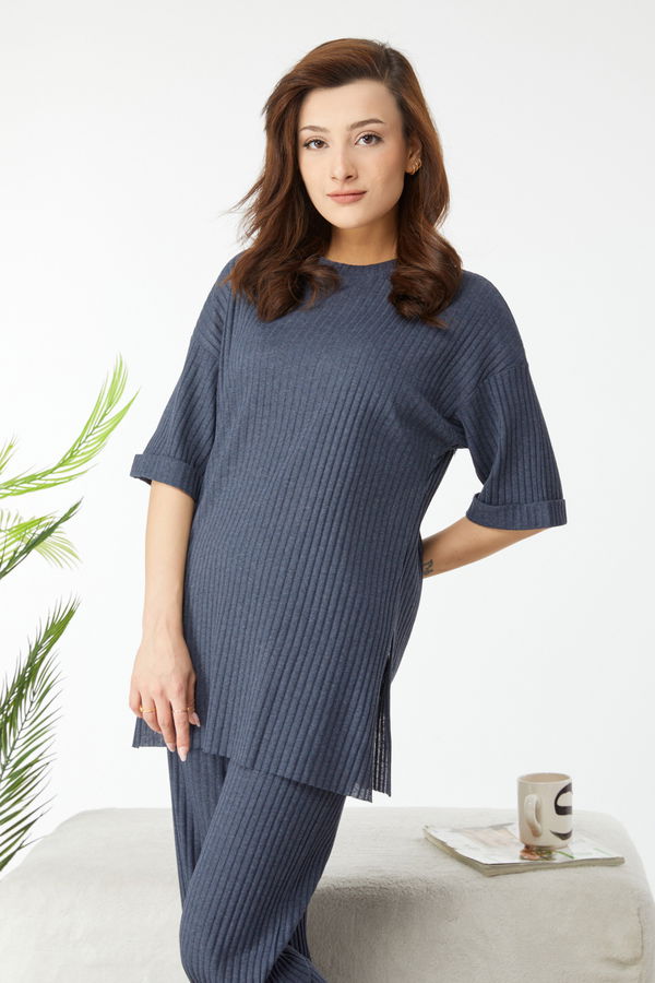 Bislet Yaka Kısa Kollu Pijama Takımı Lacivert - 24453 LACİVERT