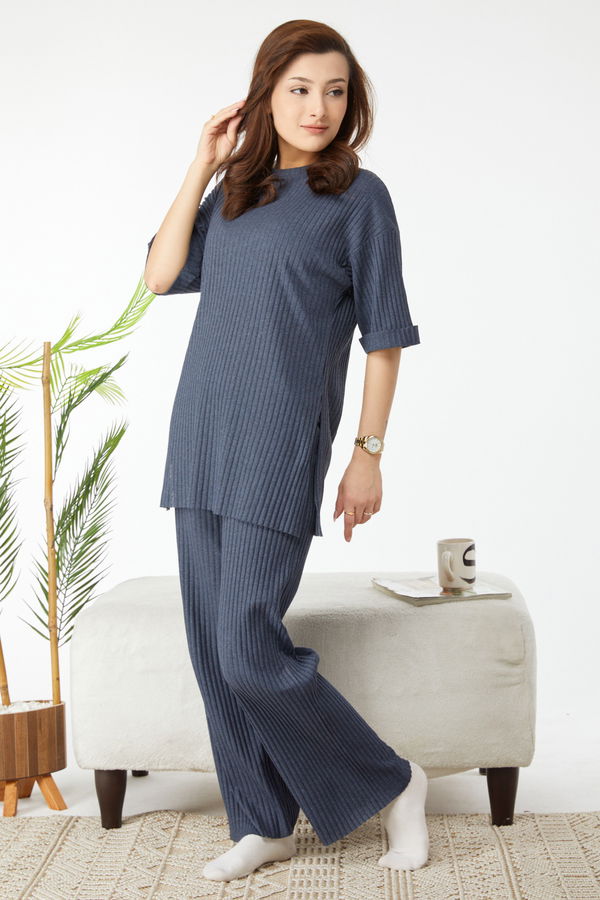 Bislet Yaka Kısa Kollu Pijama Takımı Lacivert - 24453 LACİVERT