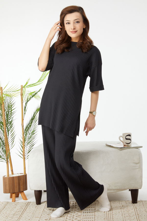 Bislet Yaka Kısa Kollu Pijama Takımı Siyah - 24453 SİYAH