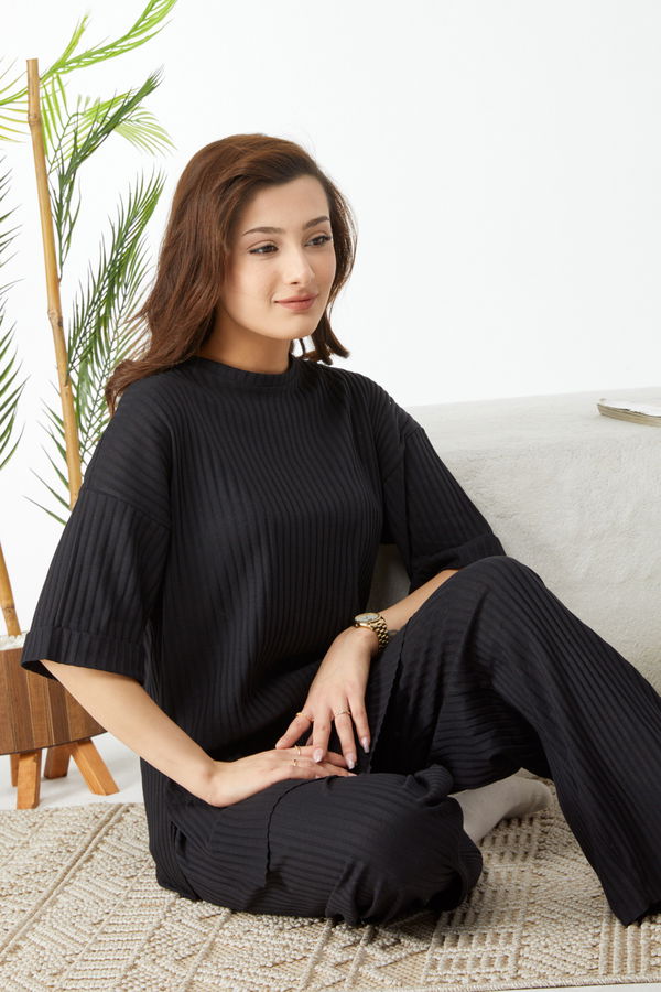 Bislet Yaka Kısa Kollu Pijama Takımı Siyah - 24453 SİYAH