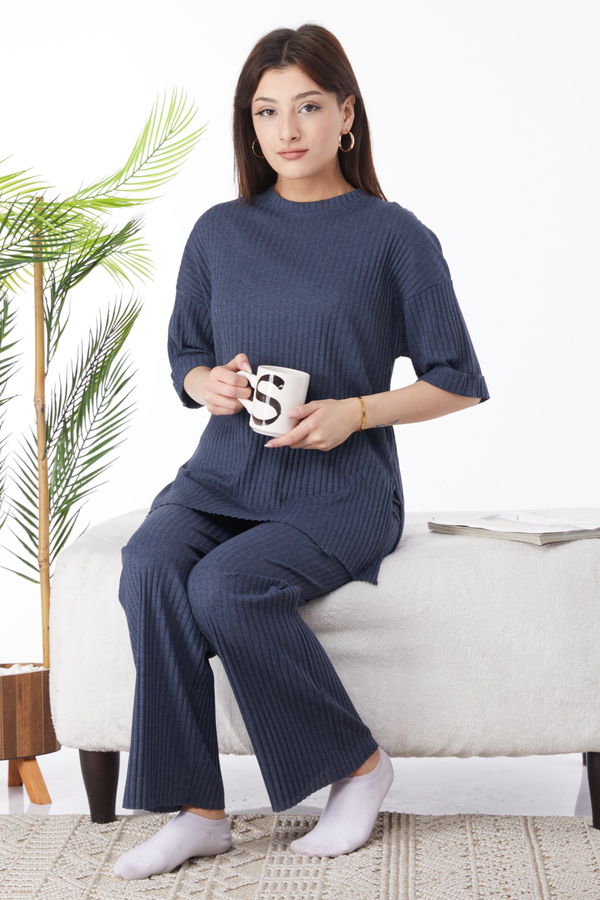 Bislet Yaka Kısa Kollu Pijama Takımı Antrasit - 24453 ANTRASİT