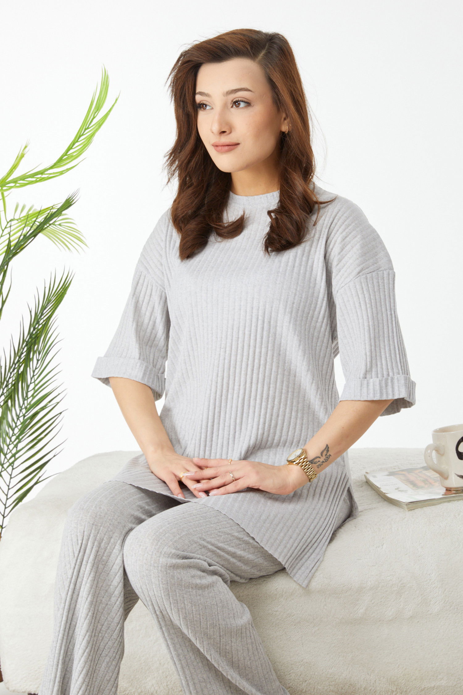 Bislet Yaka Kısa Kollu Pijama Takımı Gri - 24453
