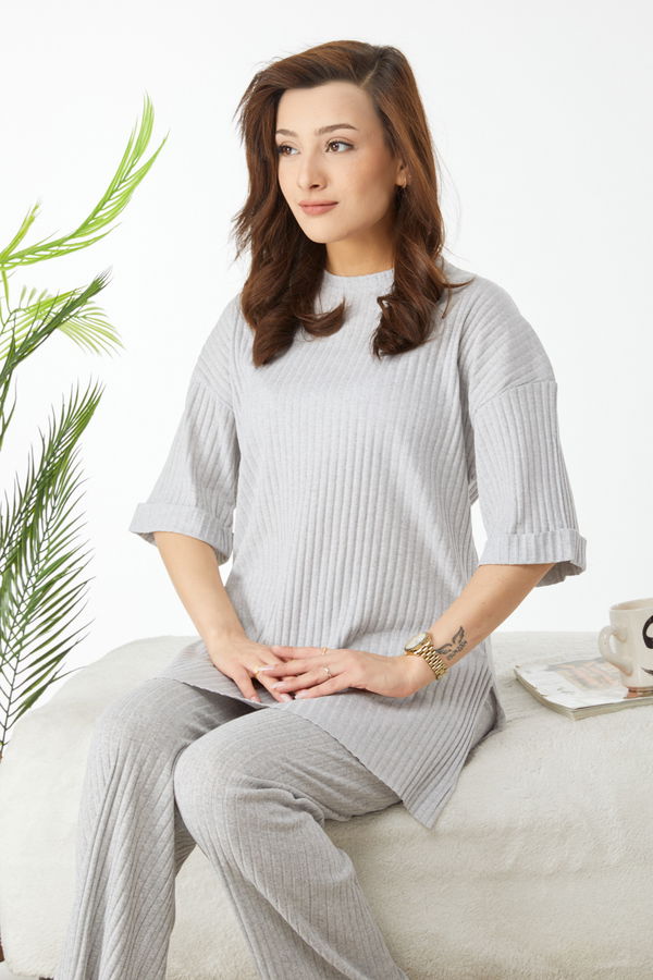 Bislet Yaka Kısa Kollu Pijama Takımı Gri - 24453