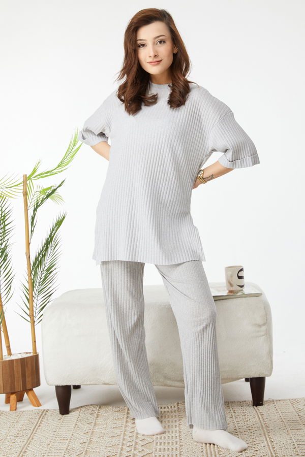 Bislet Yaka Kısa Kollu Pijama Takımı Gri - 24453