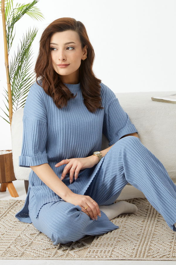 Bislet Yaka Kısa Kollu Pijama Takımı Mavi - 24453 MAVİ
