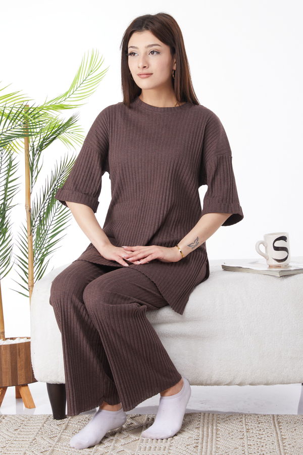 Bislet Yaka Kısa Kollu Pijama Takımı Kahverengi - 24453 KAHVERENGİ