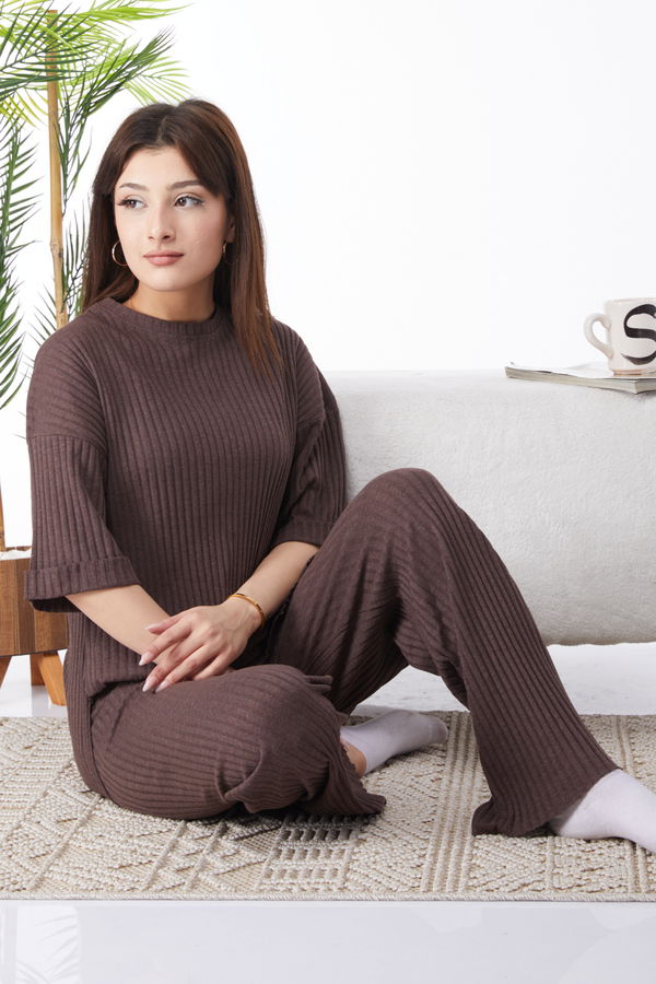 Bislet Yaka Kısa Kollu Pijama Takımı Kahverengi - 24453 KAHVERENGİ