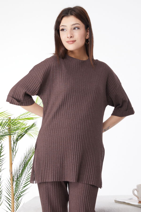 Bislet Yaka Kısa Kollu Pijama Takımı Kahverengi - 24453 KAHVERENGİ