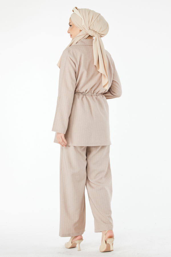 Çİzgİli Ceket Pantolon Takım Bej - 24511