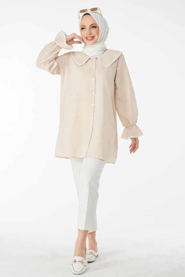 Çizgili Dantelli Tunik Bej - 24512 BEJ