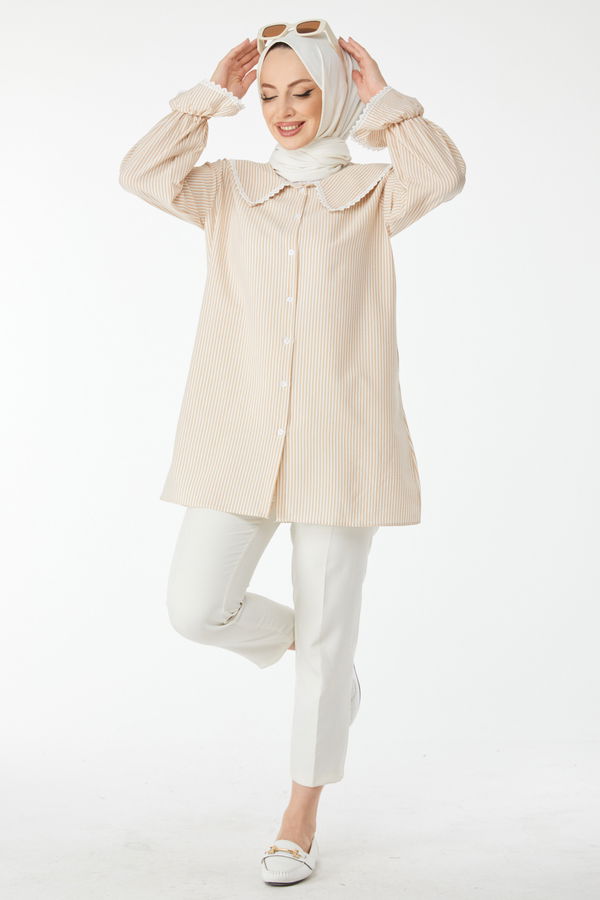 Çizgili Dantelli Tunik Bej - 24512 BEJ