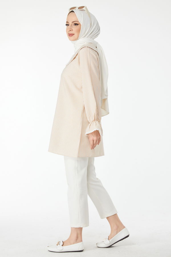 Çizgili Dantelli Tunik Bej - 24512 BEJ