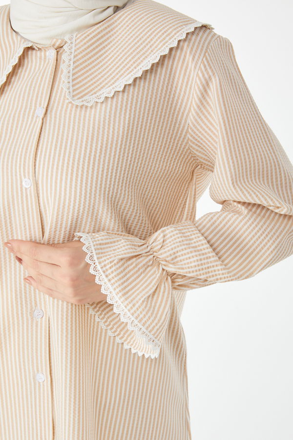 Çizgili Dantelli Tunik Bej - 24512 BEJ