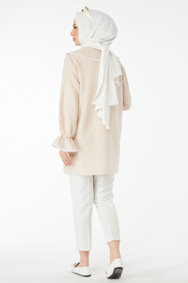 Çizgili Dantelli Tunik Bej - 24512 BEJ