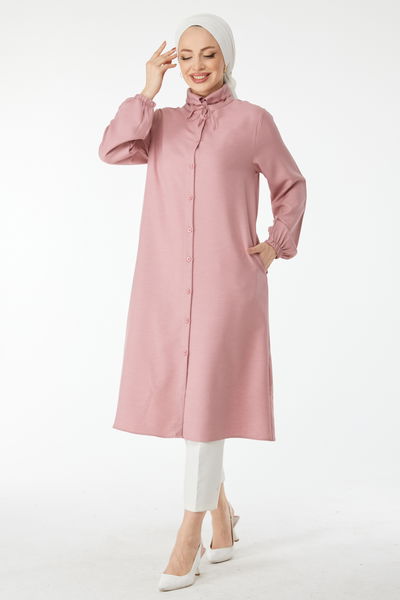 Yaka Bağcık Detaylı Tunik Pembe - 24513