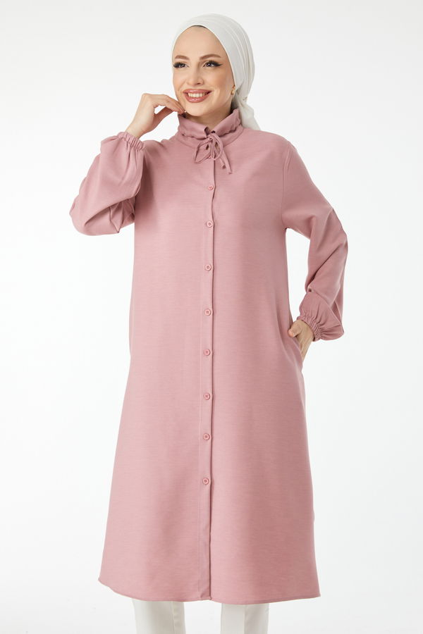 Yaka Bağcık Detaylı Tunik Pembe - 24513