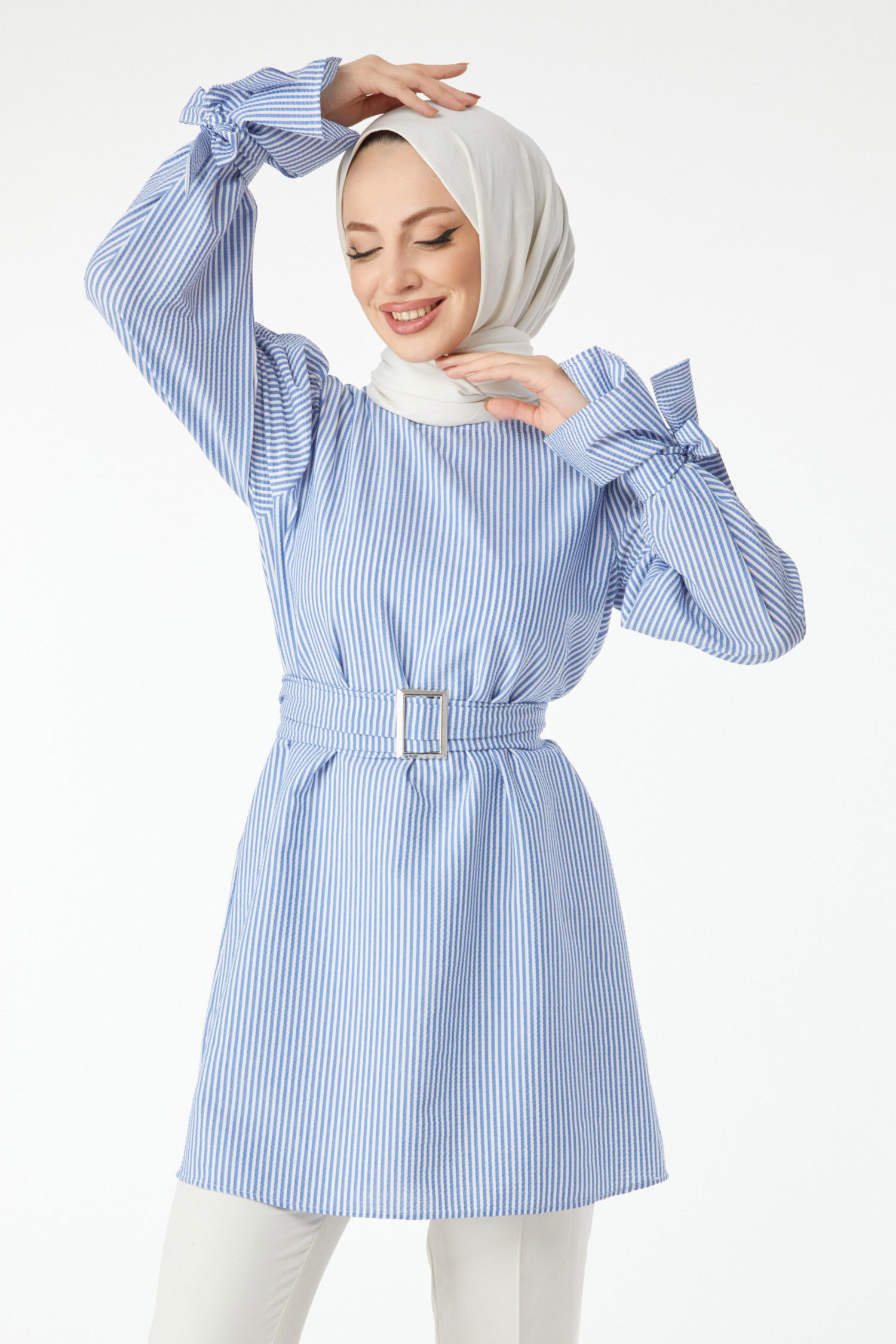 Çizgili Kemerli Tunik Mavi - 24514