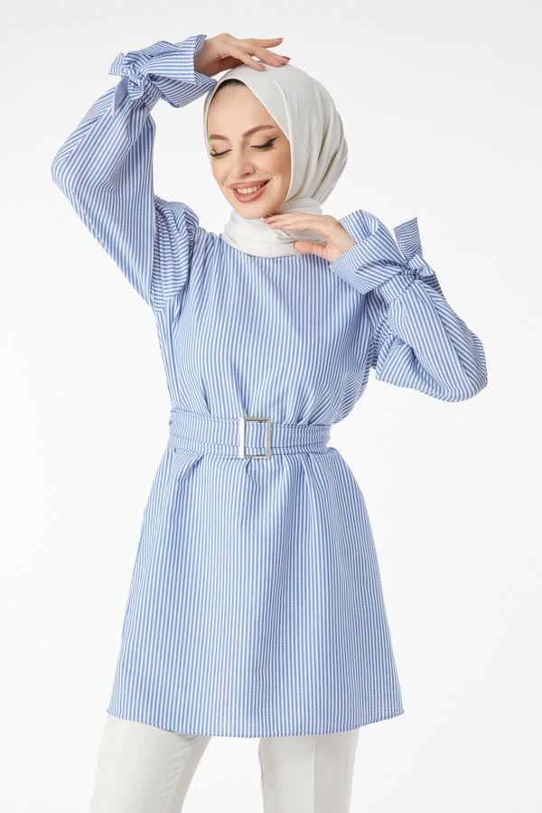 Çizgili Kemerli Tunik Mavi - 24514