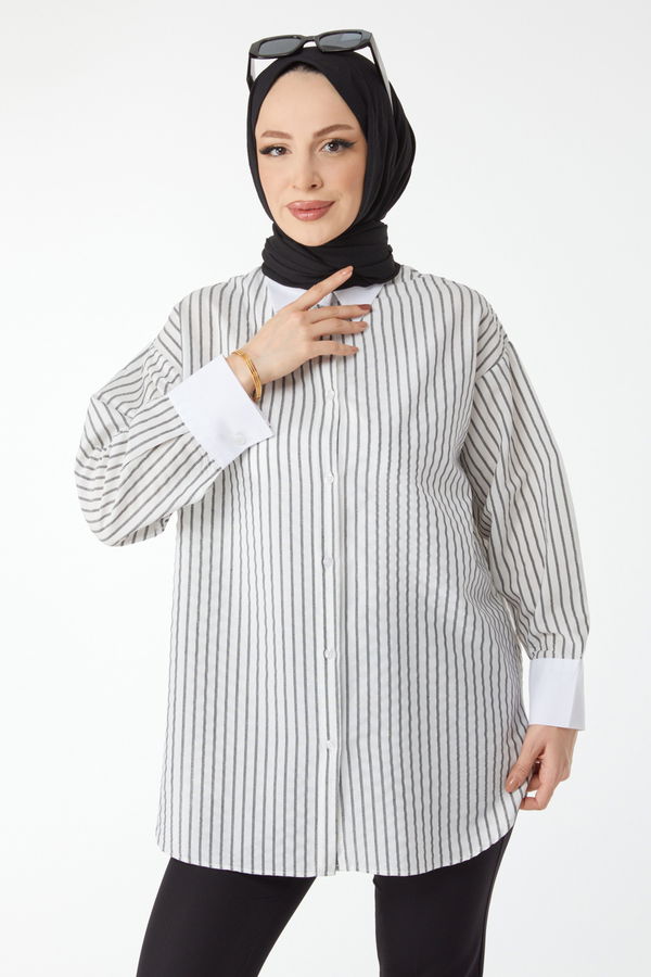Uzun Kollu Çizgili Tunik Siyah - 24515 SİYAH