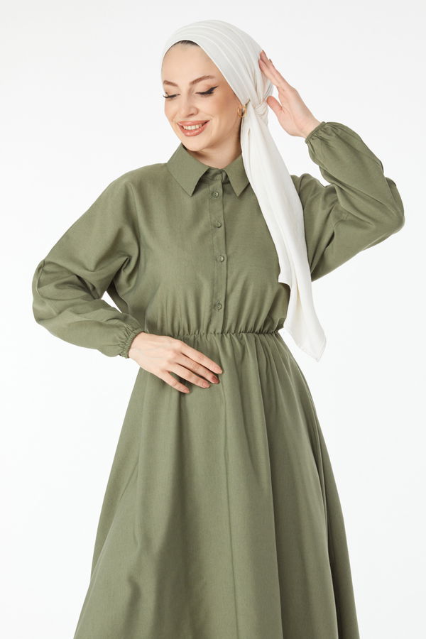 Beli Lastikli Elbise Haki - 24526