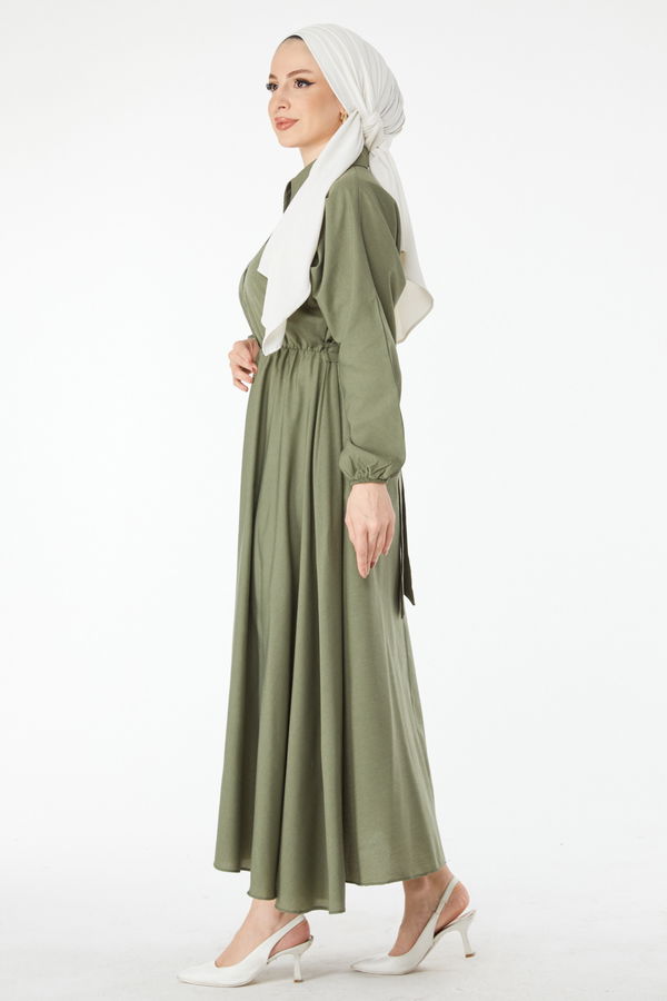 Beli Lastikli Elbise Haki - 24526