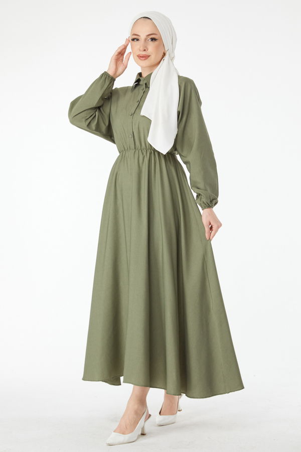 Beli Lastikli Elbise Haki - 24526