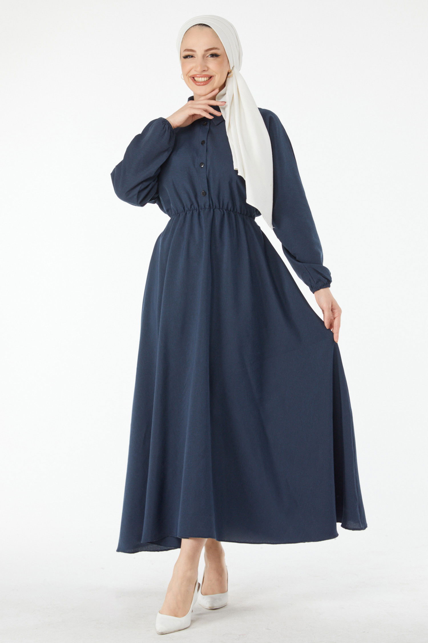 Beli Lastikli Elbise Lacivert - 24526
