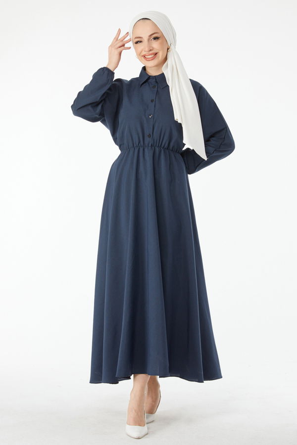 Beli Lastikli Elbise Lacivert - 24526