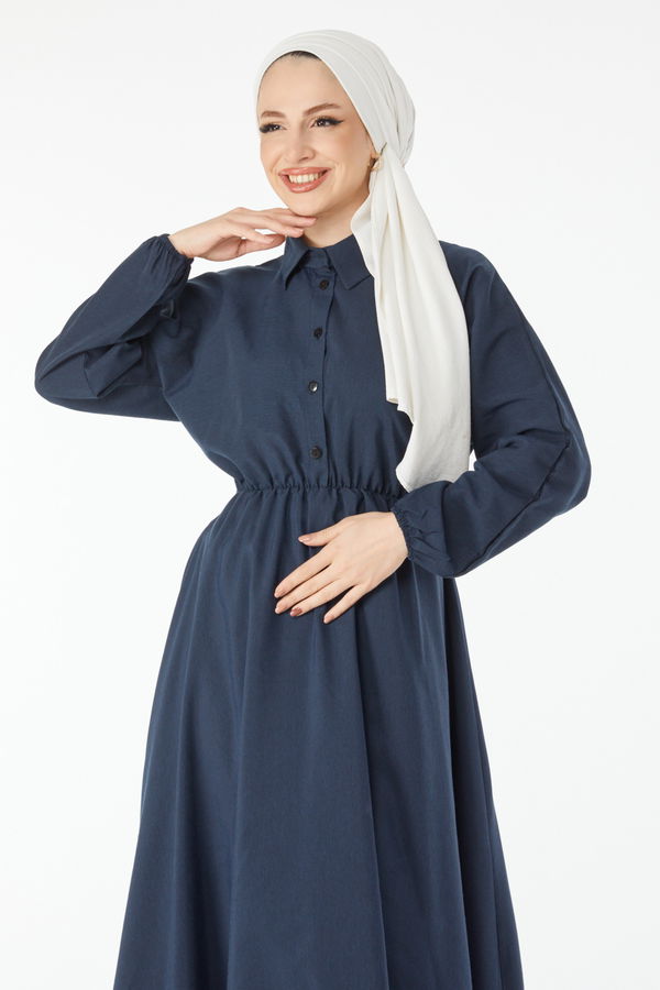 Beli Lastikli Elbise Lacivert - 24526