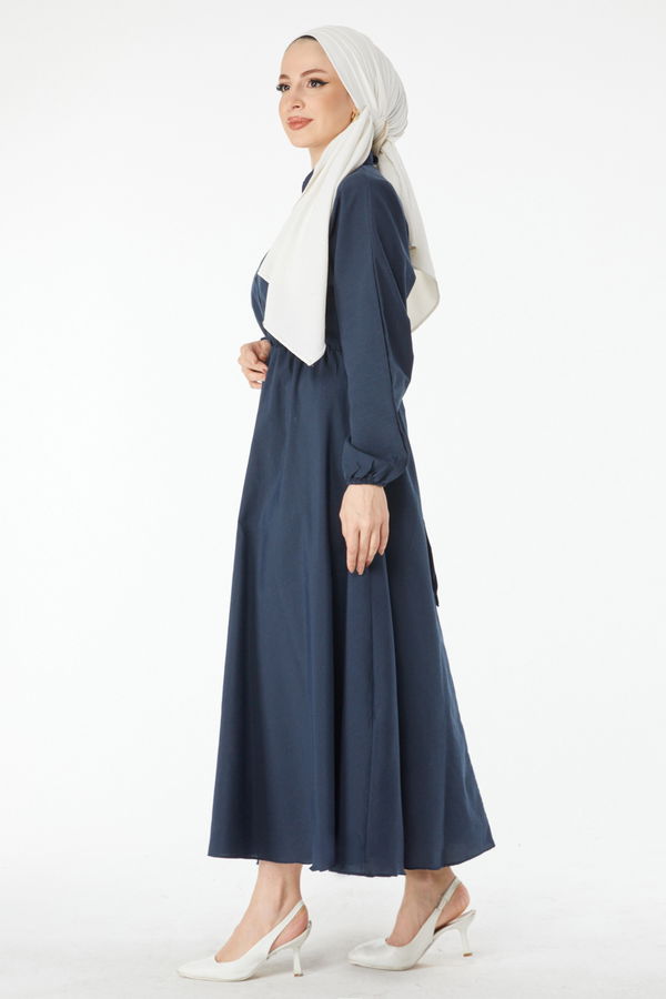 Beli Lastikli Elbise Lacivert - 24526