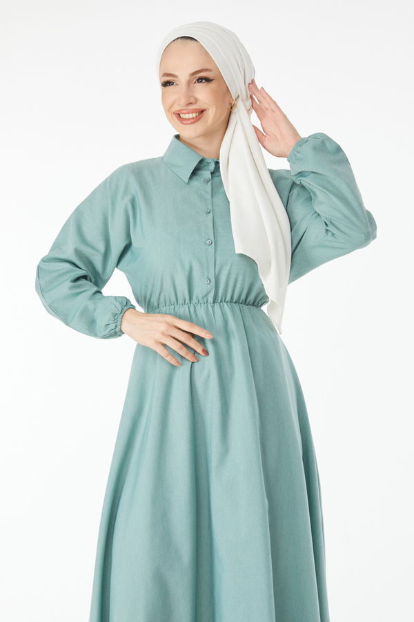 Beli Lastikli Elbise Yeşil - 24526