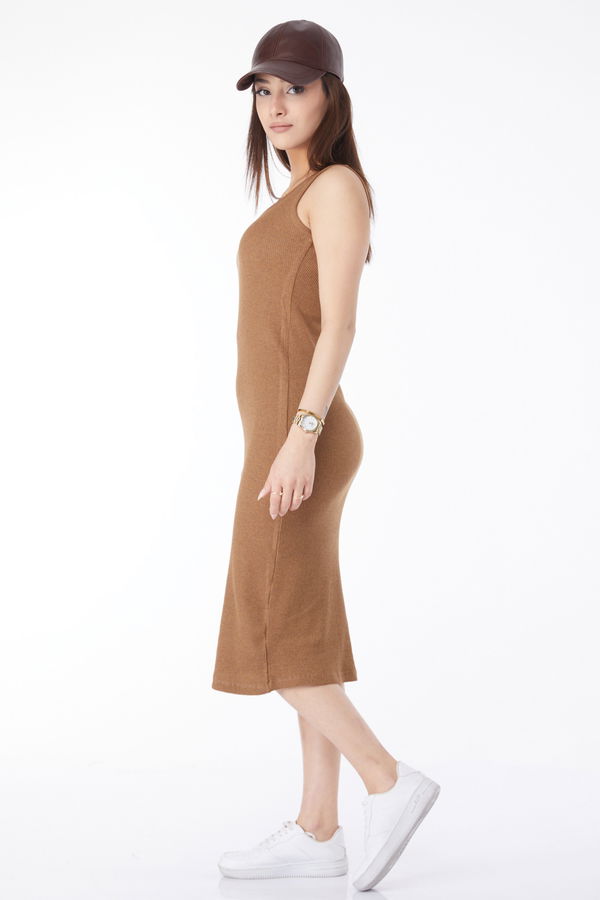 Kalın Askılı Likralı Midi Elbise Taba - 24527 TABA