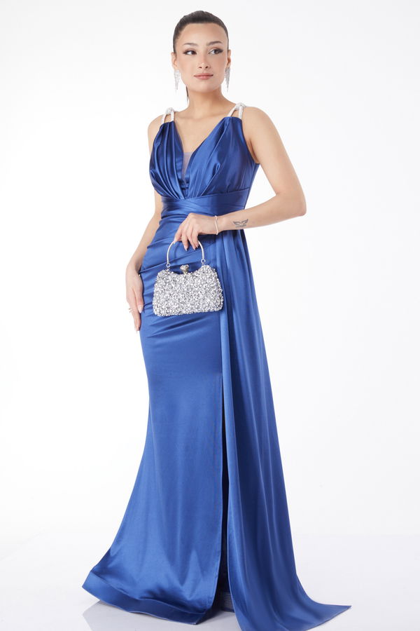 Taş Askılı Drape Abiye Elbise Mavi - 24589