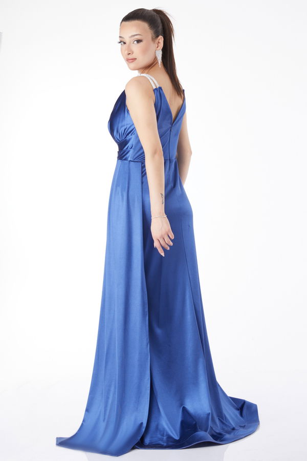 Taş Askılı Drape Abiye Elbise Mavi - 24589