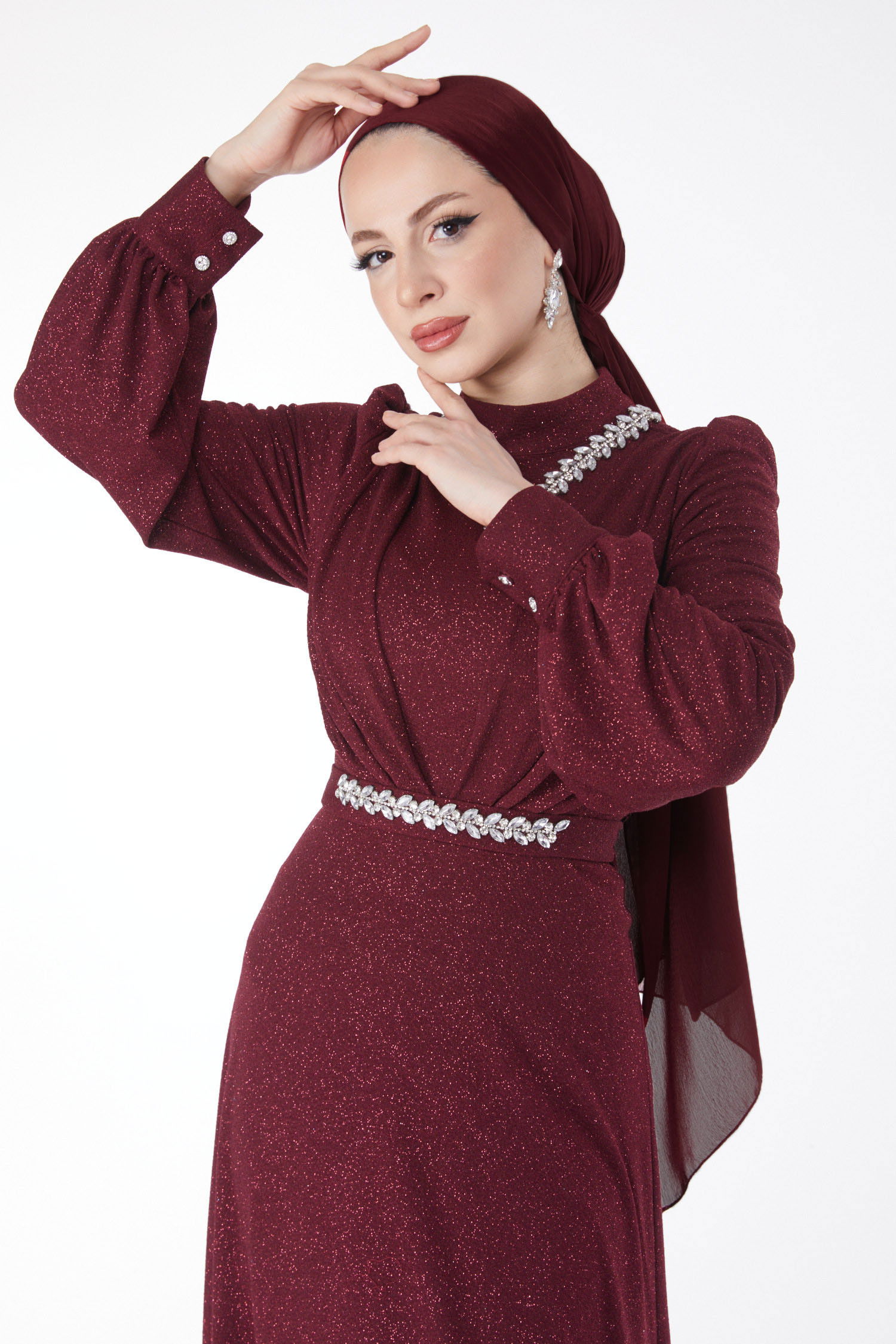 Simli Yaka Taş Detaylı Abiye Elbise Bordo - 24594 BORDO