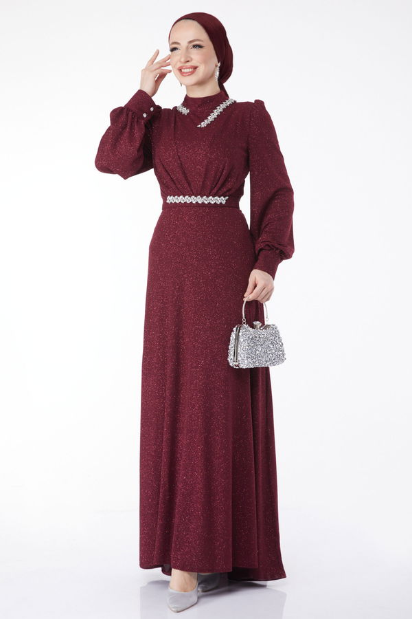 Simli Yaka Taş Detaylı Abiye Elbise Bordo - 24594 BORDO