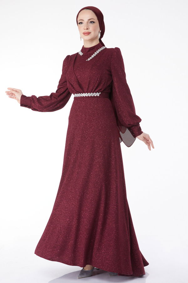 Simli Yaka Taş Detaylı Abiye Elbise Bordo - 24594 BORDO