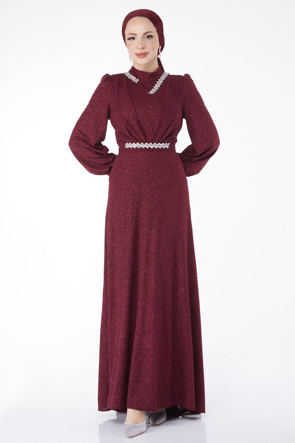 Simli Yaka Taş Detaylı Abiye Elbise Bordo - 24594 BORDO