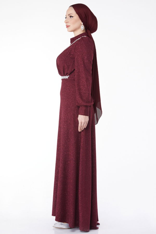 Simli Yaka Taş Detaylı Abiye Elbise Bordo - 24594 BORDO