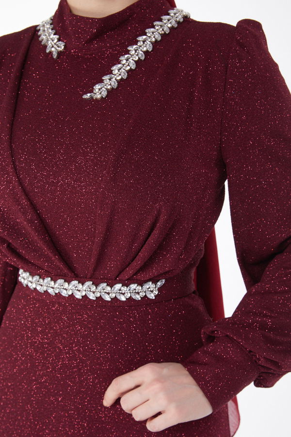 Simli Yaka Taş Detaylı Abiye Elbise Bordo - 24594 BORDO