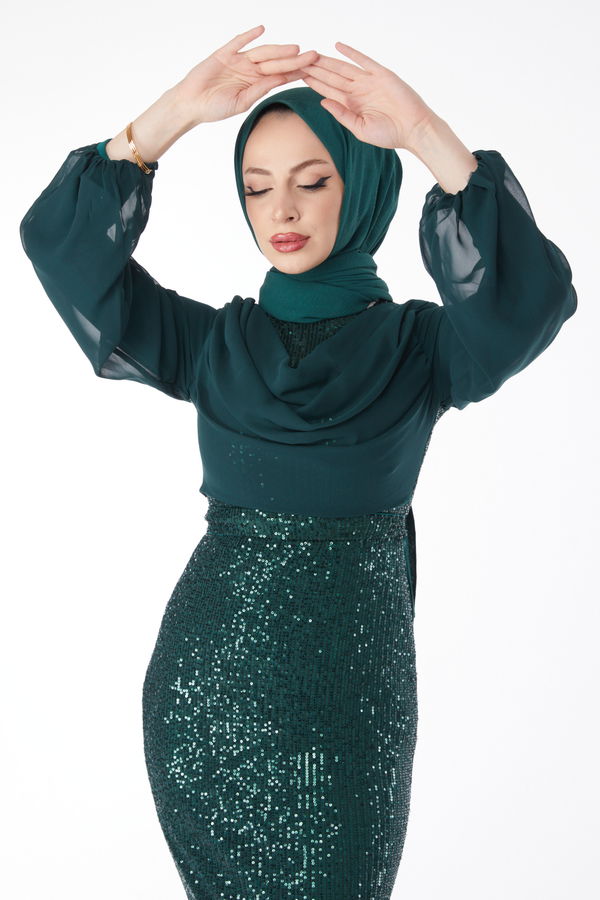 Kolları Şifon Payetli Abiye Elbise Yeşil - 24597