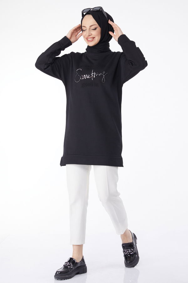 Baskılı Uzun Kollu Sweatshirt Siyah - 24609 SİYAH