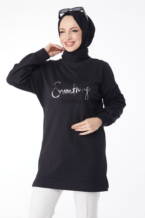 Baskılı Uzun Kollu Sweatshirt Siyah - 24609 SİYAH