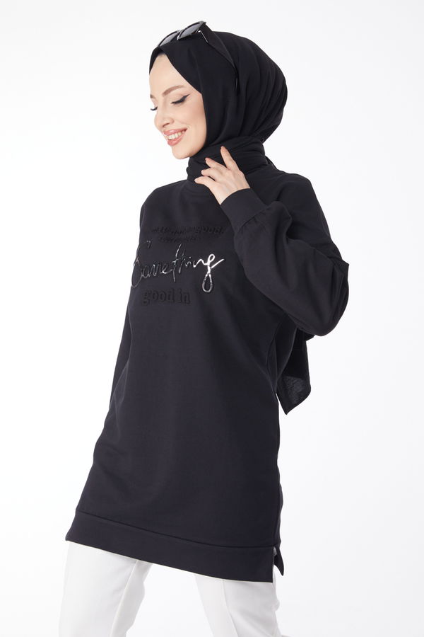 Baskılı Uzun Kollu Sweatshirt Siyah - 24609 SİYAH