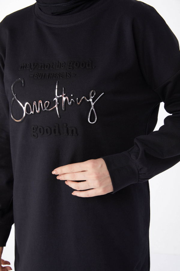 Baskılı Uzun Kollu Sweatshirt Siyah - 24609 SİYAH